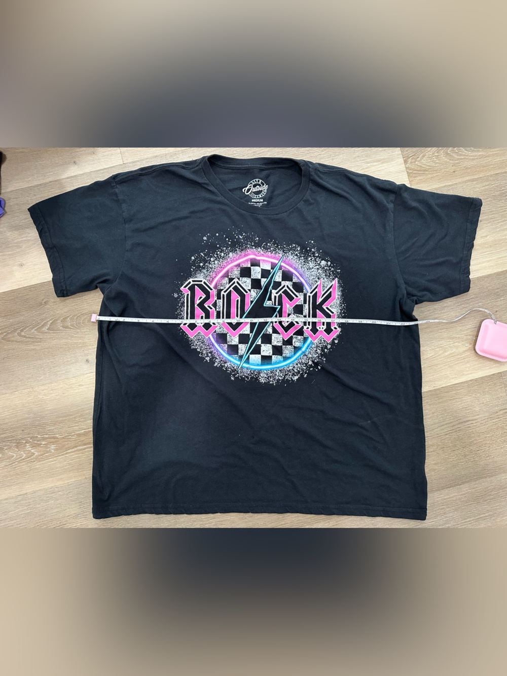 Live Outside Black Graphic T‑Shirt with Neon Pink & Blue Rock Logo 90s